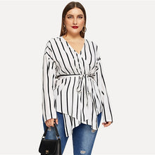 Load image into Gallery viewer, White Asymmetrical V-neck Belted Striped Blouses - Kingz Court