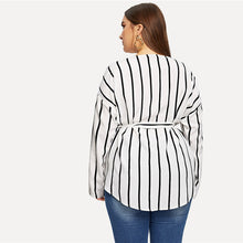 Load image into Gallery viewer, White Asymmetrical V-neck Belted Striped Blouses - Kingz Court