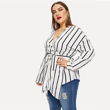 Load image into Gallery viewer, White Asymmetrical V-neck Belted Striped Blouses - Kingz Court