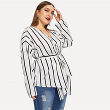 Load image into Gallery viewer, White Asymmetrical V-neck Belted Striped Blouses - Kingz Court