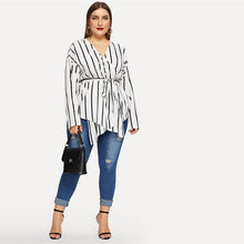 Load image into Gallery viewer, White Asymmetrical V-neck Belted Striped Blouses - Kingz Court