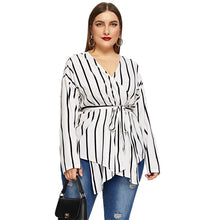 Load image into Gallery viewer, White Asymmetrical V-neck Belted Striped Blouses - Kingz Court