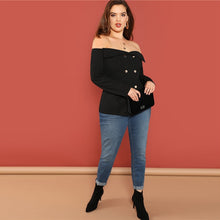 Load image into Gallery viewer, Black Sexy Off The Shoulder Long Sleeve Button Detail Blouse - Kingz Court