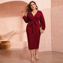 Load image into Gallery viewer, Burgundy Plunging V Neck Wrap Belted Pencil Long Dress - Kingz Court