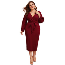 Load image into Gallery viewer, Burgundy Plunging V Neck Wrap Belted Pencil Long Dress - Kingz Court