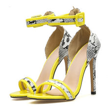 Load image into Gallery viewer, Yellow Snake Print Ankle Strap High Heeled Sandals - Kingz Court
