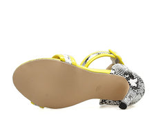 Load image into Gallery viewer, Yellow Snake Print Ankle Strap High Heeled Sandals - Kingz Court