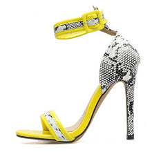 Load image into Gallery viewer, Yellow Snake Print Ankle Strap High Heeled Sandals - Kingz Court