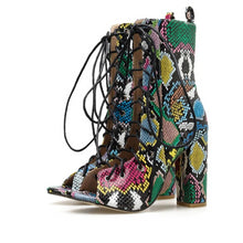 Load image into Gallery viewer, Multi Color Snake Print Lace Up Peep Toe Ankle Boots - Kingz Court