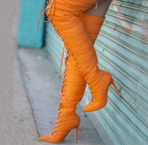 Thigh High Warm Snow Lace-Up Boots - Kingz Court