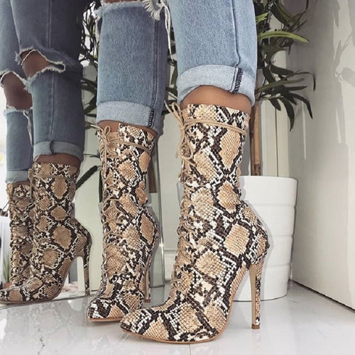 Snake Print Lace-Up Ankle Boots - Kingz Court