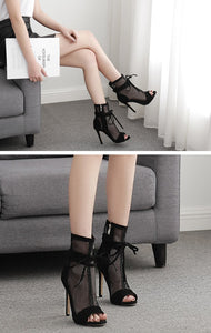 Mesh Lace Peep-toe Stiletto Sandals - Kingz Court