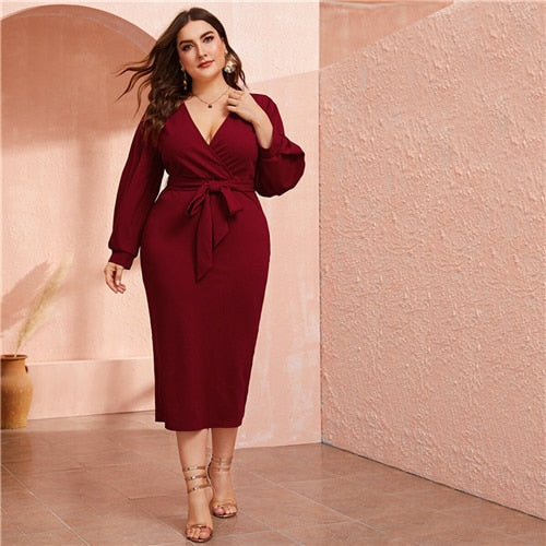 Burgundy Plunging V Neck Wrap Belted Pencil Long Dress - Kingz Court