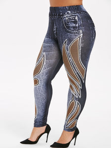 High Waisted 3D Jean Print Jeggings - Kingz Court