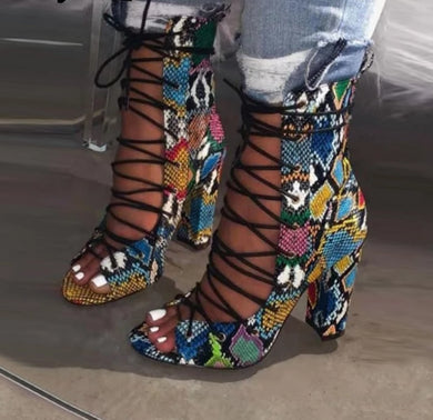 Multi Color Snake Print Lace Up Peep Toe Ankle Boots - Kingz Court