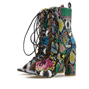 Multi Color Snake Print Lace Up Peep Toe Ankle Boots - Kingz Court