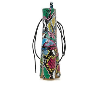 Multi Color Snake Print Lace Up Peep Toe Ankle Boots - Kingz Court