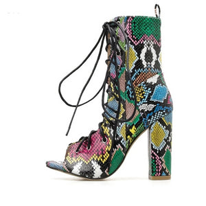 Multi Color Snake Print Lace Up Peep Toe Ankle Boots - Kingz Court