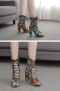 Multi Color Snake Print Lace Up Peep Toe Ankle Boots - Kingz Court