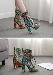 Multi Color Snake Print Lace Up Peep Toe Ankle Boots - Kingz Court