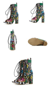 Multi Color Snake Print Lace Up Peep Toe Ankle Boots - Kingz Court
